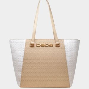 NWT Bebe Ailey Logo Print Tote Beige/Multi shoulder bag Purse E01-4377LP